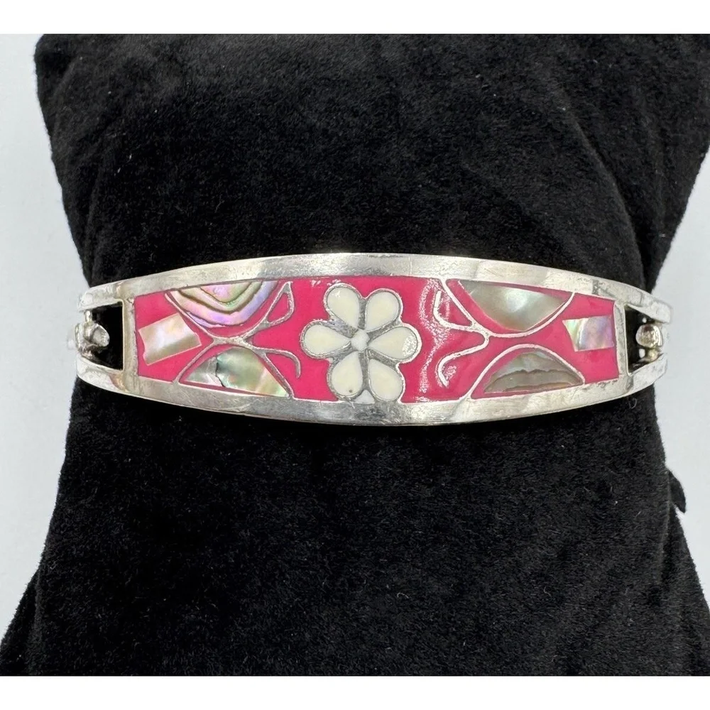Vintage Alpaca Mexico Pink Enamel Abalone Shell Hinged‎ Cuff Bangle Bracelet
